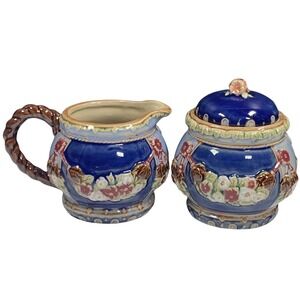 Cobalt Blue Ceramic Creamer + Sugar Bowl Set Floral Embossed Pitcher Vintage